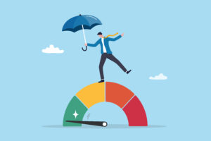 Risk mitigation, identify threat and control or prevent potential impact, reduce chance of failure, uncertainty, evaluate safety level, businessman with protection umbrella on risk gauge measuring.